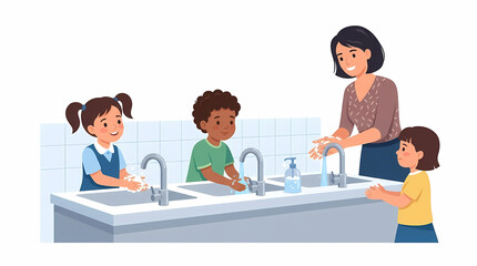 Fototapeta premium Fs teacher teaching diverse school children proper hand hygiene and hand washing techniques using soap and water at a bathroom sink station in a clean vector illustration style.