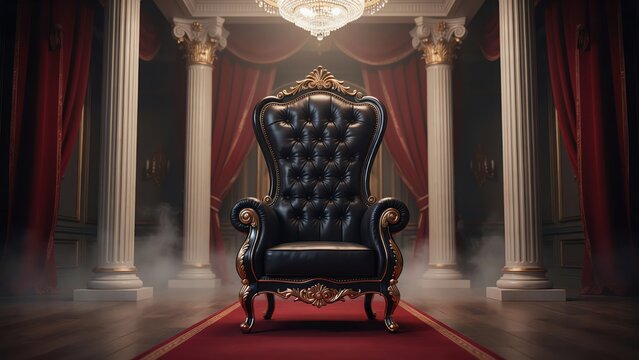 Black royal throne chair in a dark hall with tall stone pillars
