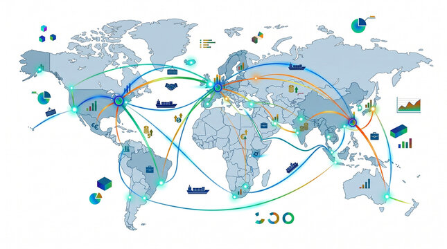 Global business logistics network map with connection lines and infographic charts