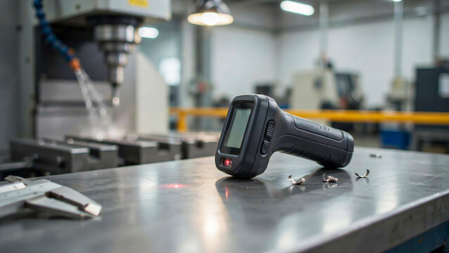 Handheld 3D scanner on a workshop table in a manufacturing factory for quality control and measurement