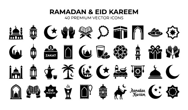 Modern Islamic Ramadan Icon Collection Black Crescent Mosque and Lantern Symbols Vector
