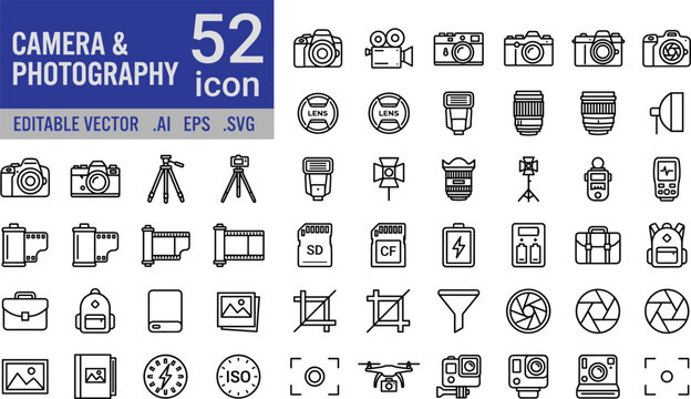 Photography and cinema icon set with professional camera gear filming tools and accessories.
