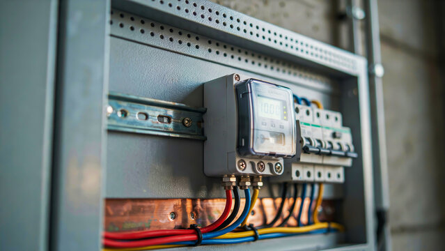 Electrical distribution panel with multiple circuit breakers, copper busbars, and intricate wiring for power management and safety infrastructure