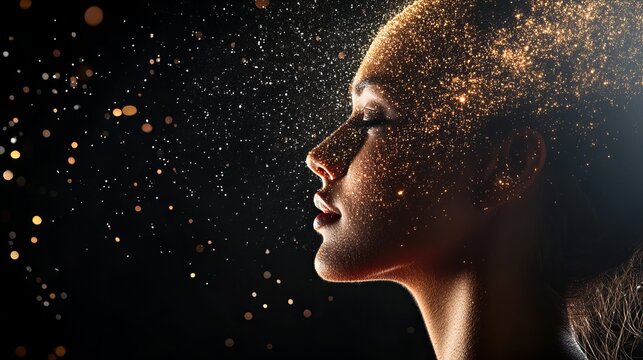 A stunning portrait of a woman's face dissolving into shimmering golden particles, representing the ethereal nature of consciousness and inner beauty