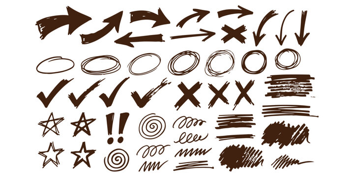 Set of hand drawn arrows circles check marks stars and scribbles for bullet points and notes
