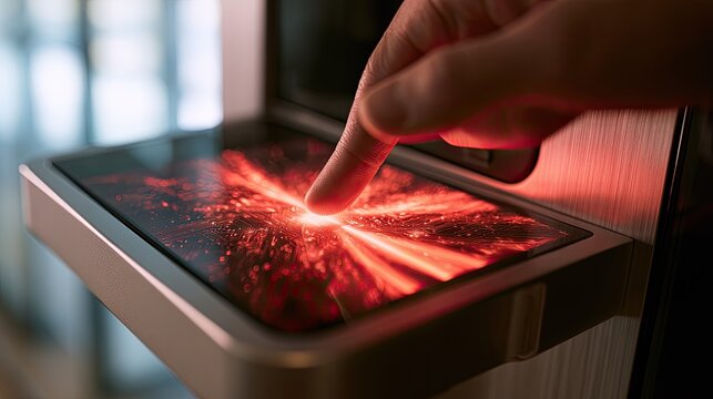 Finger touches vibrant red abstract glowing interface on screen