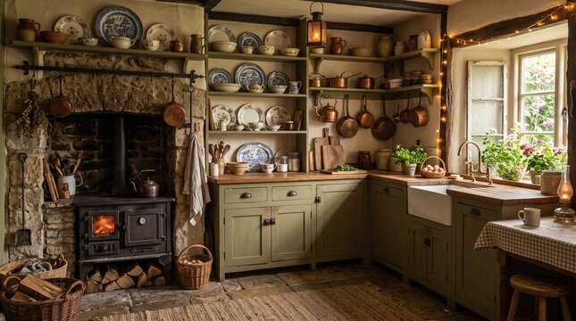 Cozy rustic cottage kitchen with stone stove. Traditional farmhouse interior with warm lighting.