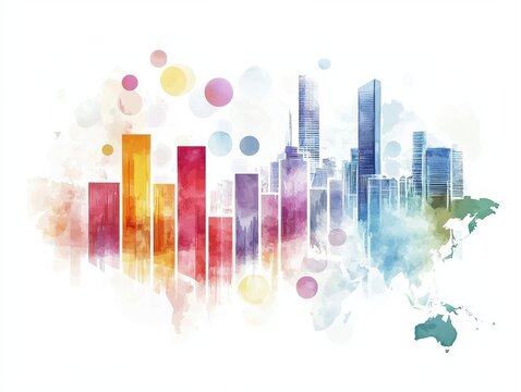 Modern watercolor economic forecast illustration using geometric bar graphs ascending analytics transparent circles global map and premium business presentation style 