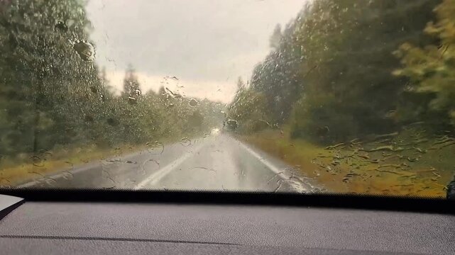 Wet paved road stretching into distance beneath gray sky, view through rain-splattered car windows, which are being cleaned by windshield wipers, atmosphere of drive in rain, gloomy mood on road