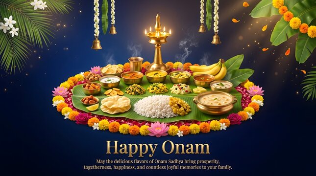 Traditional onam sadhya feast served on banana leaf with festive floral decoration