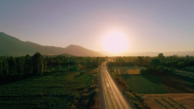 A scenic country road stretching through fertile farmland toward majestic mountains under a glowing summer sunset. Peaceful rural landscape with agricultural fields, trees, and warm golden evening lig