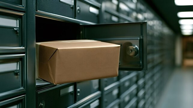Brown cardboard package extending from an open metal locker door within a long corridor of numerous secure mailboxes, representing modern delivery and logistics