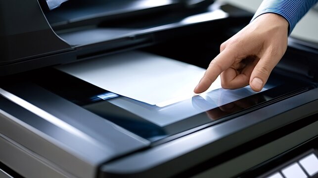 Person's hand placing a blank paper on a flatbed photocopier scanner, preparing to digitize important office documents for business administration and workflow automation