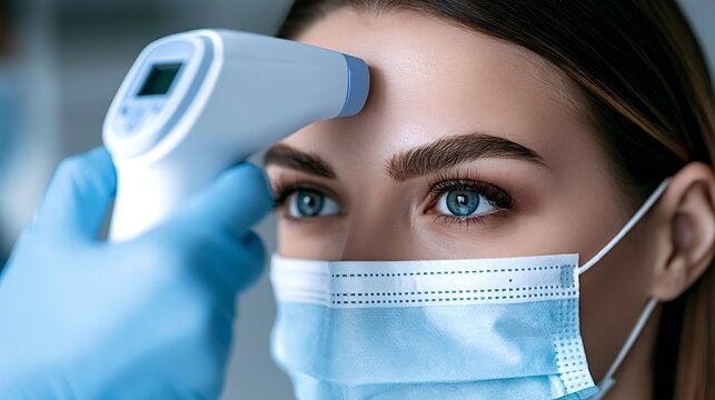 Woman wearing a protective surgical face mask receiving a temperature check with an infrared digital thermometer. Symbolizing health screening. Disease prevention