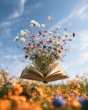 Open book levitates, blooming with wildflowers against a blue sky