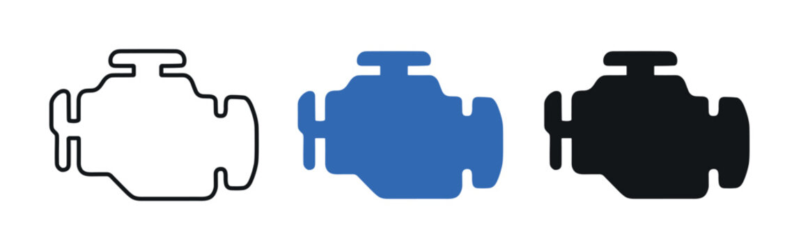Three distinct engine check light icons are displayed horizontally, featuring outline, solid blue, and solid black variations on a clean white background