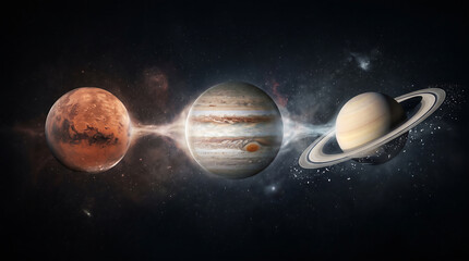 Celestial Alignment of Mars Jupiter and Saturn Featuring Glowing Energy Connections in Deep Space