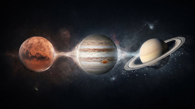 Celestial Alignment of Mars Jupiter and Saturn Featuring Glowing Energy Connections in Deep Space