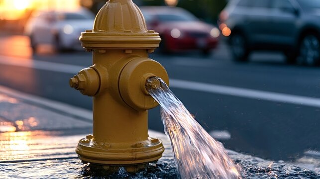 Yellow fire hydrant releasing large stream of fresh water from its nozzle, water splashing on the asphalt street with blurred cars passing in background as sun sets