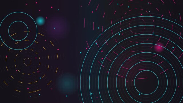 Abstract dark background with glowing colorful neon circles and digital dotted lines pattern