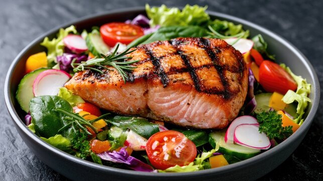 Grilled salmon fillet atop a vibrant, fresh vegetable salad