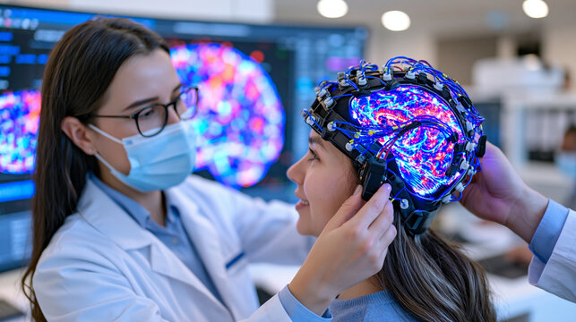 Neuroscientist in sterile lab coat adjusting electrode array headset on volunteer participant, brain activity visualization glowing on curved wall display behind them, clinical research facility int