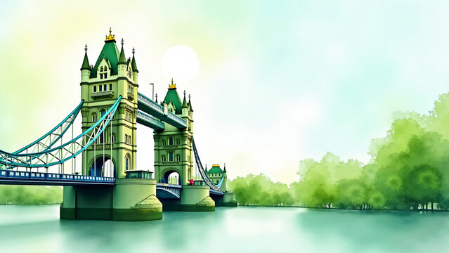 Green Watercolor Bridge with Leaf Accents Watercolor Tower Bridge with leafy green accents, soft lighting, medium framing, copy space to the right, clean