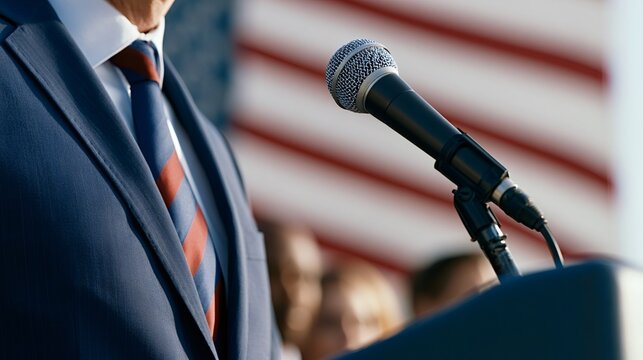 Politician giving a speech at a public event, standing behind a microphone and podium, symbolizing leadership, campaigning, and governance with the american flag in the background