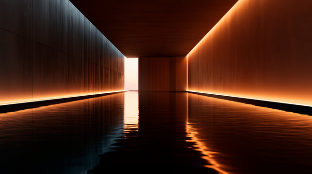 Tranquil water reflection in a dark modern concrete architecture space