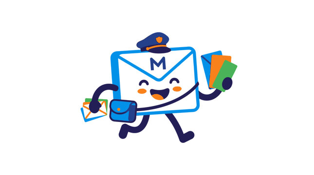 Cute cartoon envelope mail carrier delivering letters.