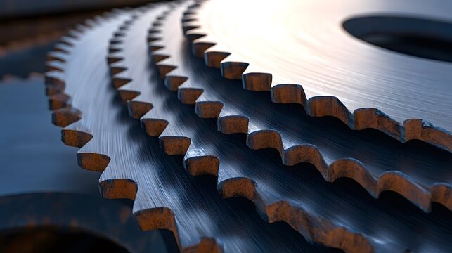 Industrial circular saw blades stacked together, revealing sharp, worn metal teeth and a reflective surface, representing precision cutting tools and the manufacturing process
