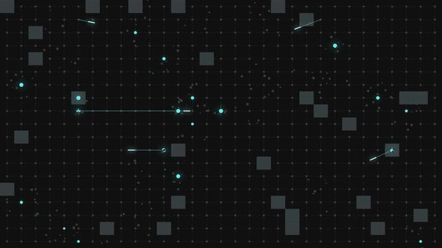 Abstract digital background with glowing blue nodes and connecting lines on a dark grid pattern
