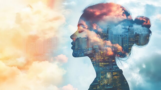 A stunning double exposure portrait blending a woman's profile with a vibrant cityscape and dramatic clouds, symbolizing inner thoughts and urban life
