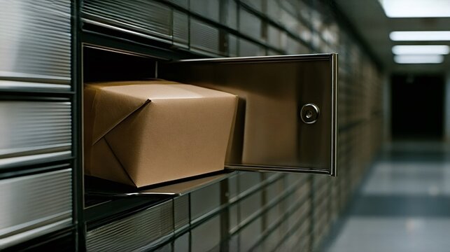 Brown parcel resting in an open metal mailbox locker, offering secure self service collection of online purchases and received shipments in a modern postal facility hallway