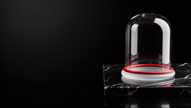 A glass dome with a red ring stands on a black marble slab against a dark background