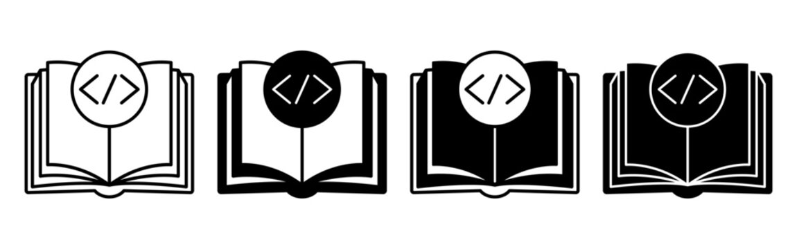 Set of Four Programming Book Icons in Outline and Solid Styles.