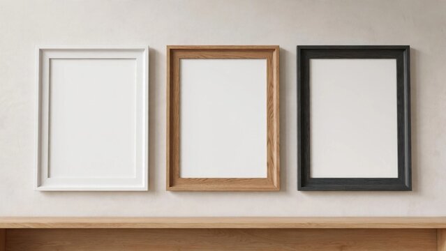 Three empty picture frames hanging on a wall.