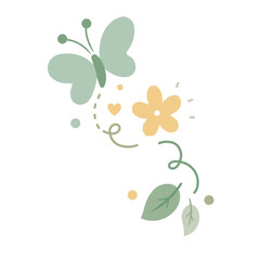 Cute green butterfly flying around yellow flower illustration transparent png
