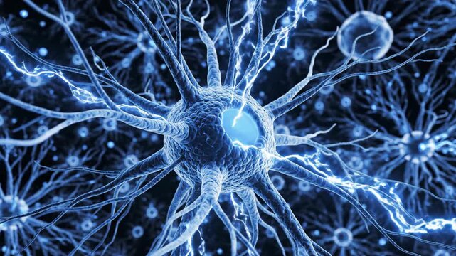 A highly detailed 3D scientific visualization of a complex neural network with electrical impulses firing through blue neurons.