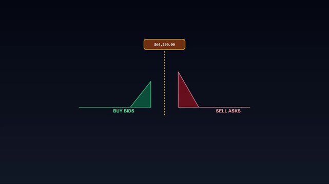 Financial market order book depth chart showing buy bids and sell asks for real-time trading analysis and cryptocurrency price animation 4k