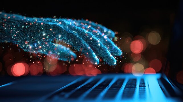 Digital hand interacting with glowing data on a keyboard