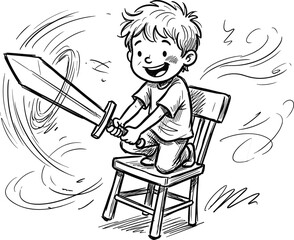 Cheerful little boy kneeling on wooden chair playing with toy sword for childhood imagination and adventure fantasy vector