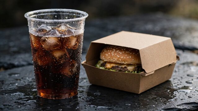 Delicious Burger and Refreshing Cola Drink on a Wet Surface.