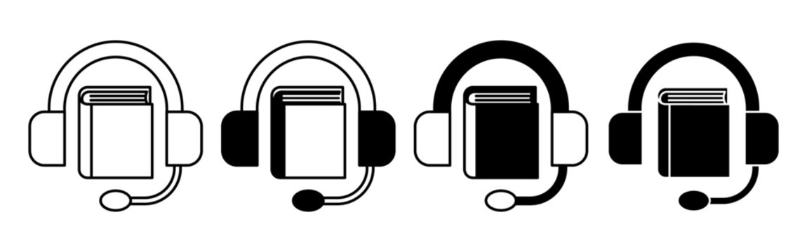 Audiobook headset icon over book simple listening concept illustration.