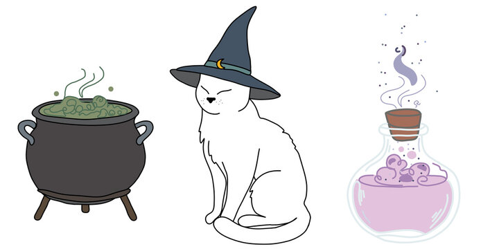 Halloween witch cat with magic potion cauldron and bottle vector illustration isolated on transparent or white background, png