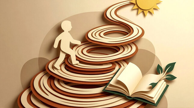 Papercut illustration of a warm-toned spiral of growth rings climbed by a small silhouetted figure, beside an open book whose pages transform into leaves under a paper sun