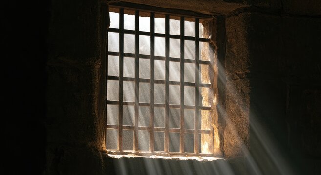Sunlight streams through a barred stone window, creating dramatic rays in darkness