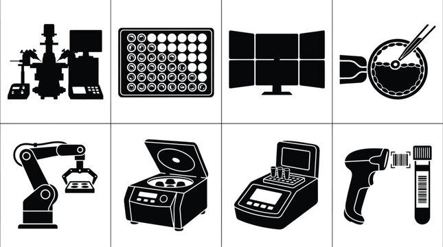 IVF Laboratory and Medical Automation Icon Set Featuring Micromanipulator Embryo Plate Multi Monitor ICSI Injection Centrifuge and Scanner Vector Icons