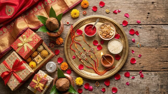 Traditional raksha bandhan ritual setup with sweets gifts rakhi thread and puja plate on rustic wooden background top view.