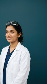 Confident Female Scientist in a White Lab Coat Wearing Protective Goggles Against a Minimalist Dark Teal Background